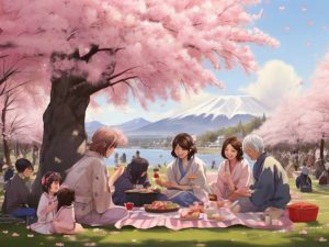 Japoneses haciendo picnic bajo cerezos en flor
